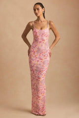 Embellished Scoop-Neck Backless Maxi Dress in Pink