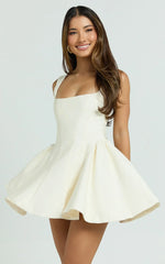 Kailee Mini Dress - Wide Strap Square Neck Fit And Flare Tulip Dress in Cream
