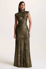 Cecy | Khaki Sequin High-Neck Maxi Dress With Cap Sleeves
