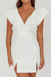 Liardon Bubble Sleeve V-Neckline Mini Dress White