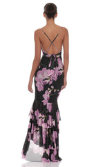 Mesh Floral Ruffle Fishtail Maxi Dress in Black