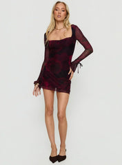Dalzine Long Sleeve Mini Dress Burgundy Floral