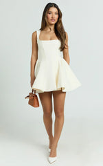 Kailee Mini Dress - Wide Strap Square Neck Fit And Flare Tulip Dress in Cream