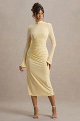 Cassandra | Pale Lemon High-Neck Long-Sleeve Midi Dress