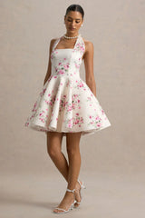 Peggy | Cream and Pink Halter-Neck Skater Mini Dress