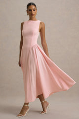 Muriel | Pink Boat-Neck Volume-Hem Midi Dress
