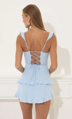 Techno Crepe Ruffle Corset Dress in Blue