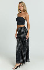 Amari Maxi Skirt - High Waisted Bias Cut Skirt in Black Polka Dot