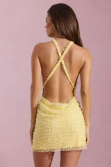 Embellished Cowl-Neck Backless Mini Dress in Yellow