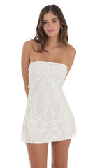 Sequin Mesh Strapless Dress in White