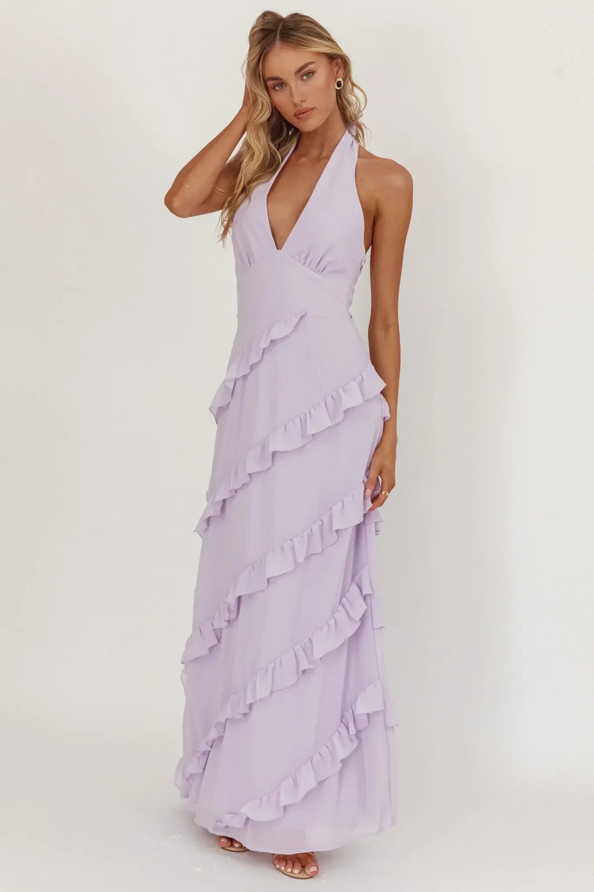 Flirt Frill Trim Halter Maxi Dress Lilac