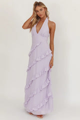 Flirt Frill Trim Halter Maxi Dress Lilac