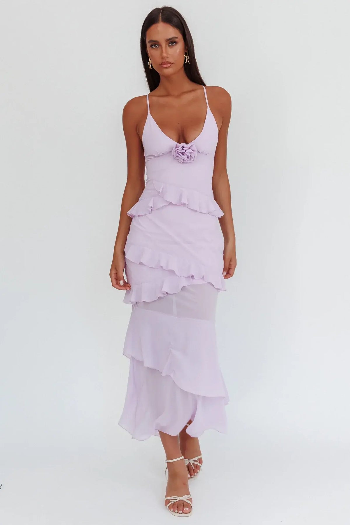 Marlie Frill Trim Rosette Maxi Dress Lilac