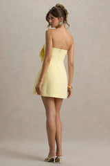 Daffodil | Lemon Bandeau Mini Dress With Large Floral Corsage