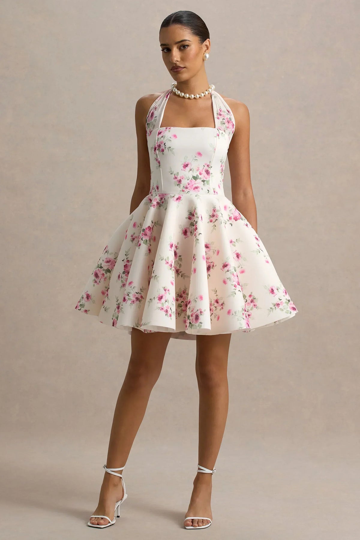 Peggy | Cream and Pink Halter-Neck Skater Mini Dress