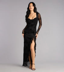 Irene Flocked Ruffle Slit Formal Dress