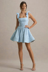 Bethani | Light Blue Skater Mini Dress With Bow Straps
