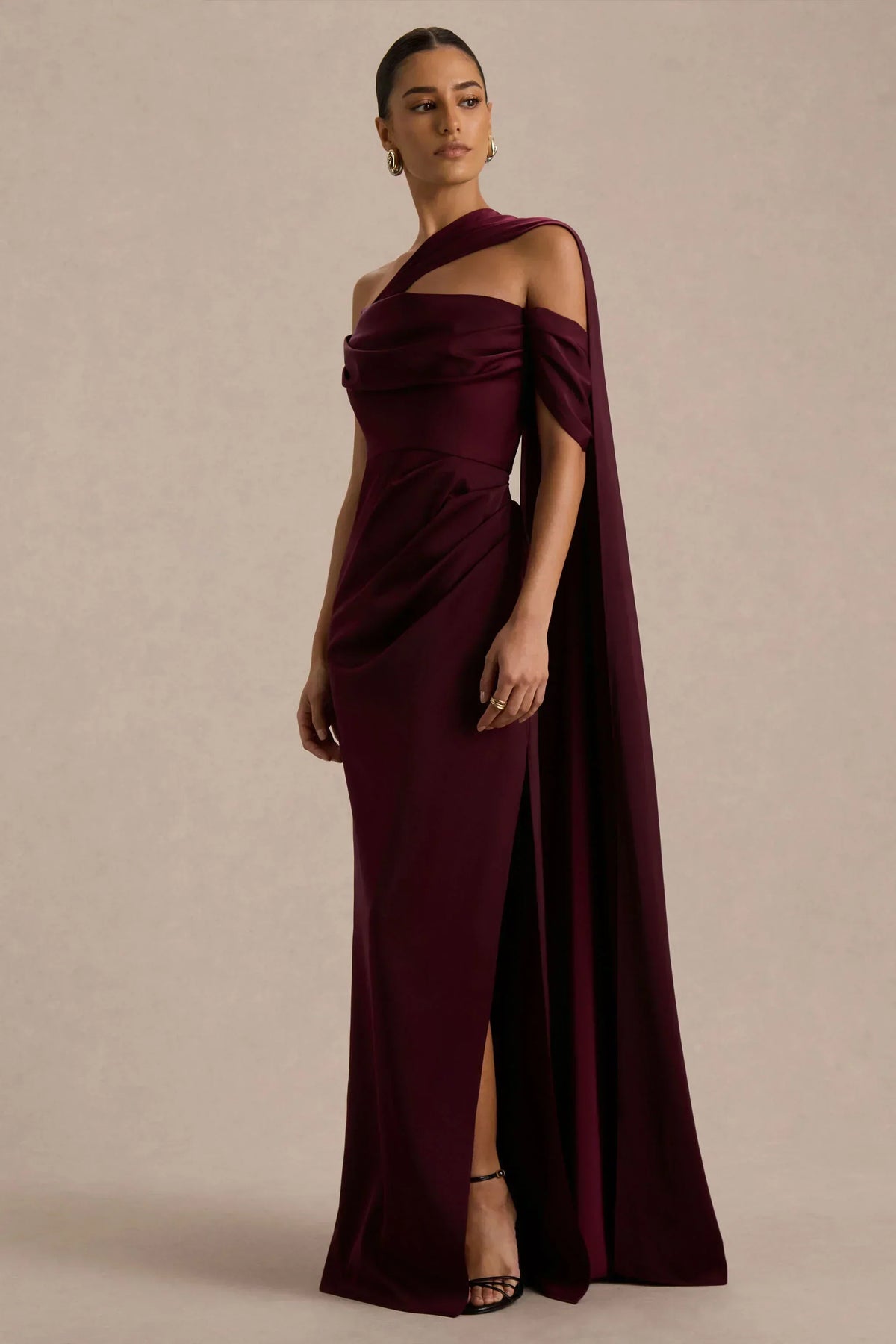 Yazmin | Burgundy Satin Asymmetric Maxi Dress With One-Sleeve Cape