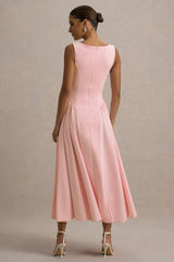 Muriel | Pink Boat-Neck Volume-Hem Midi Dress