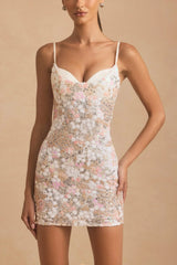 Embellished Camisole Bodycon Mini Dress in Ivory