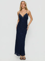 Alvera Fringe Beaded Maxi Dress Navy