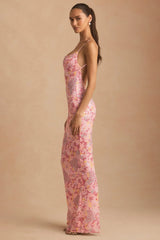 Embellished Scoop-Neck Backless Maxi Dress in Pink