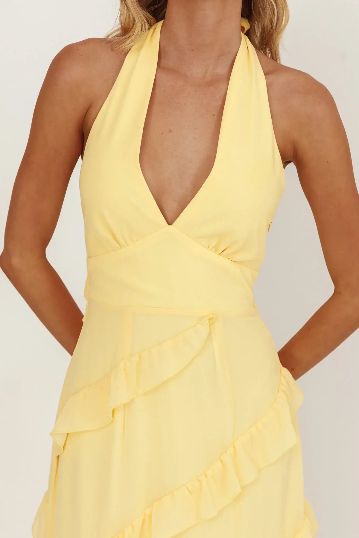 Flirt Frill Trim Halter Maxi Dress Lemon