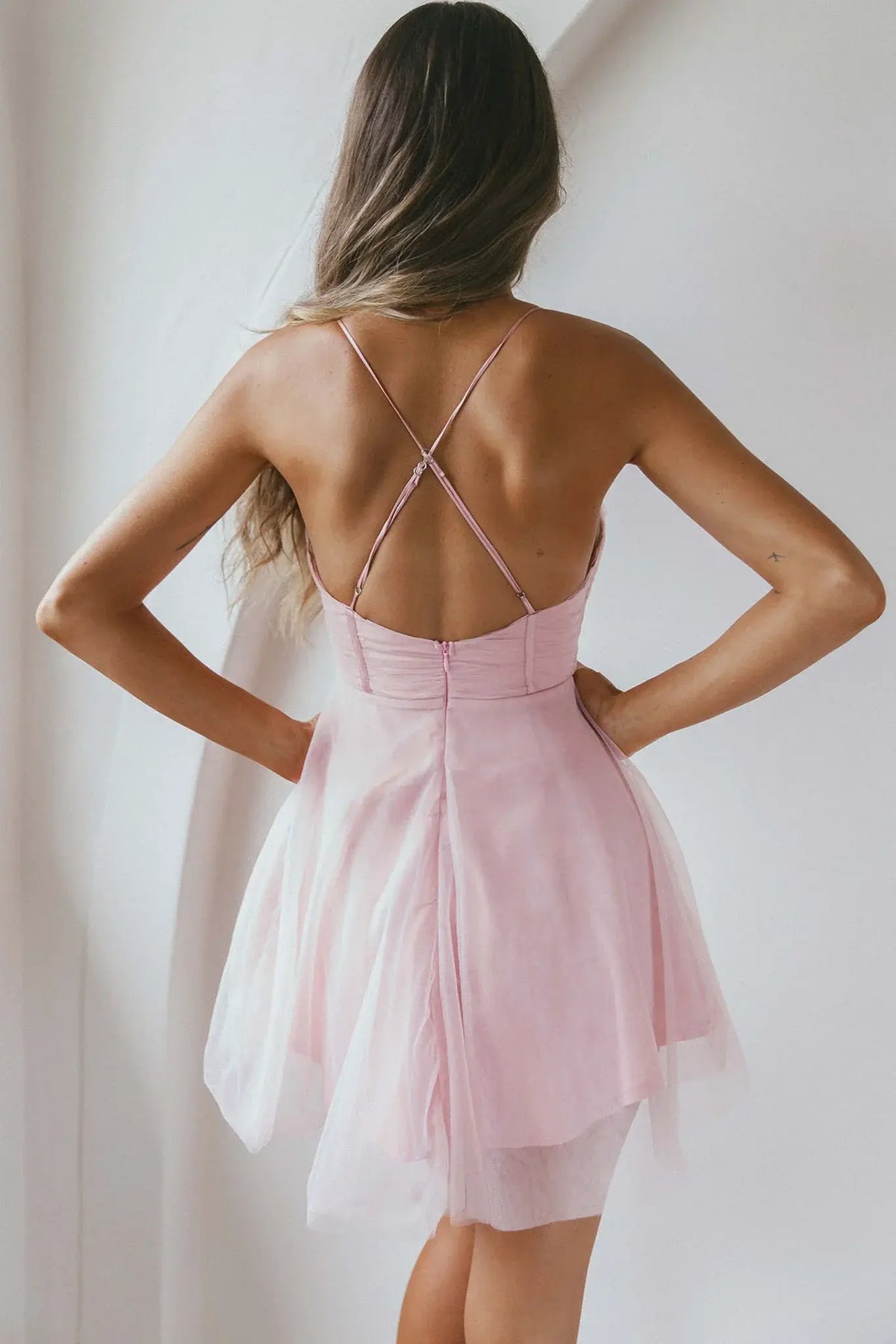 Smitten Sweetheart Neckline Chiffon Mini Party Dress Blush