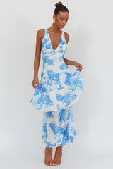 Veda Strappy Back Ruffle Maxi Dress Roses Blue