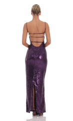 Sequin Open Back Maxi Dress in Purple