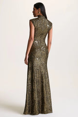 Cecy | Khaki Sequin High-Neck Maxi Dress With Cap Sleeves