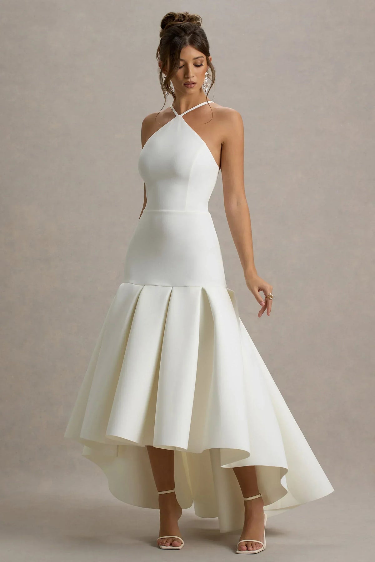 Mavis | Cream Halter-Neck Maxi Dress With High-Low Skirt