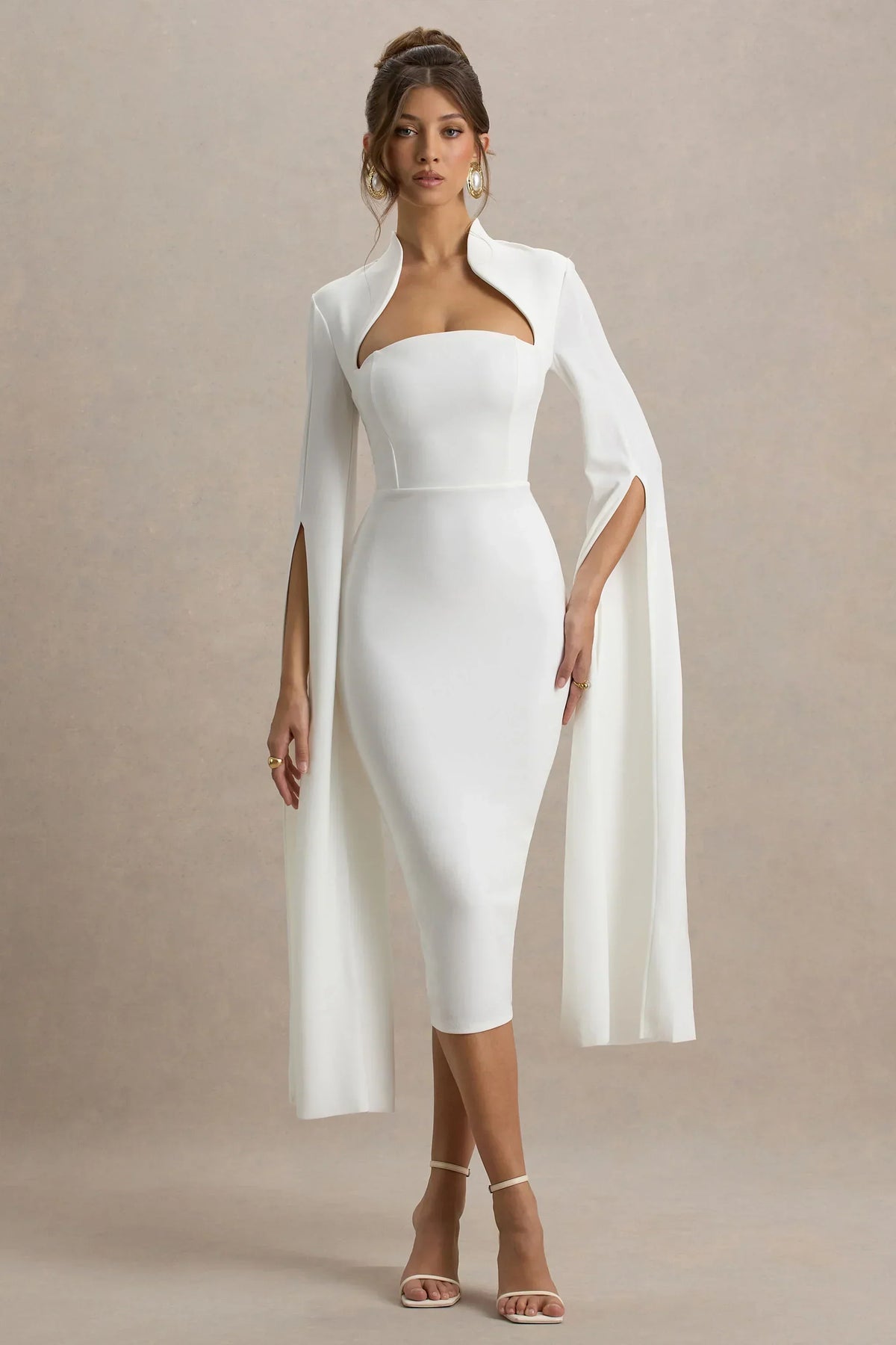 Linden | White Bodycon Cape-Sleeve Midi Dress