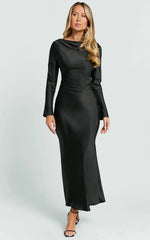 Arriana Midi Dress - Long Sleeve Cowl Back Satin Dress in Black