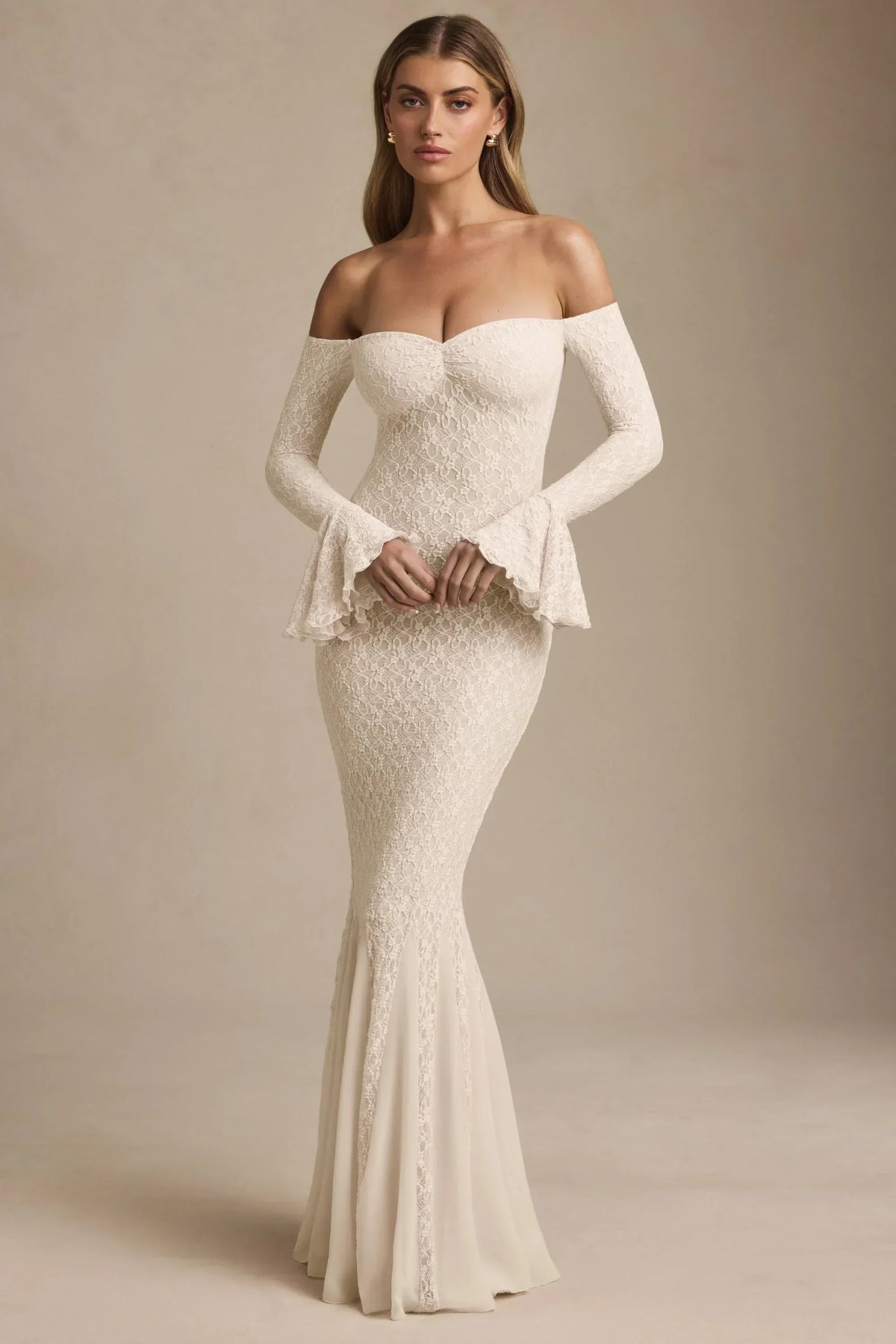 Off-Shoulder Ruffle Lace Maxi Dress in Ivory