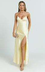 Heidi Maxi Dress - Satin Ruched Bust Tie Back Dress in Lemon