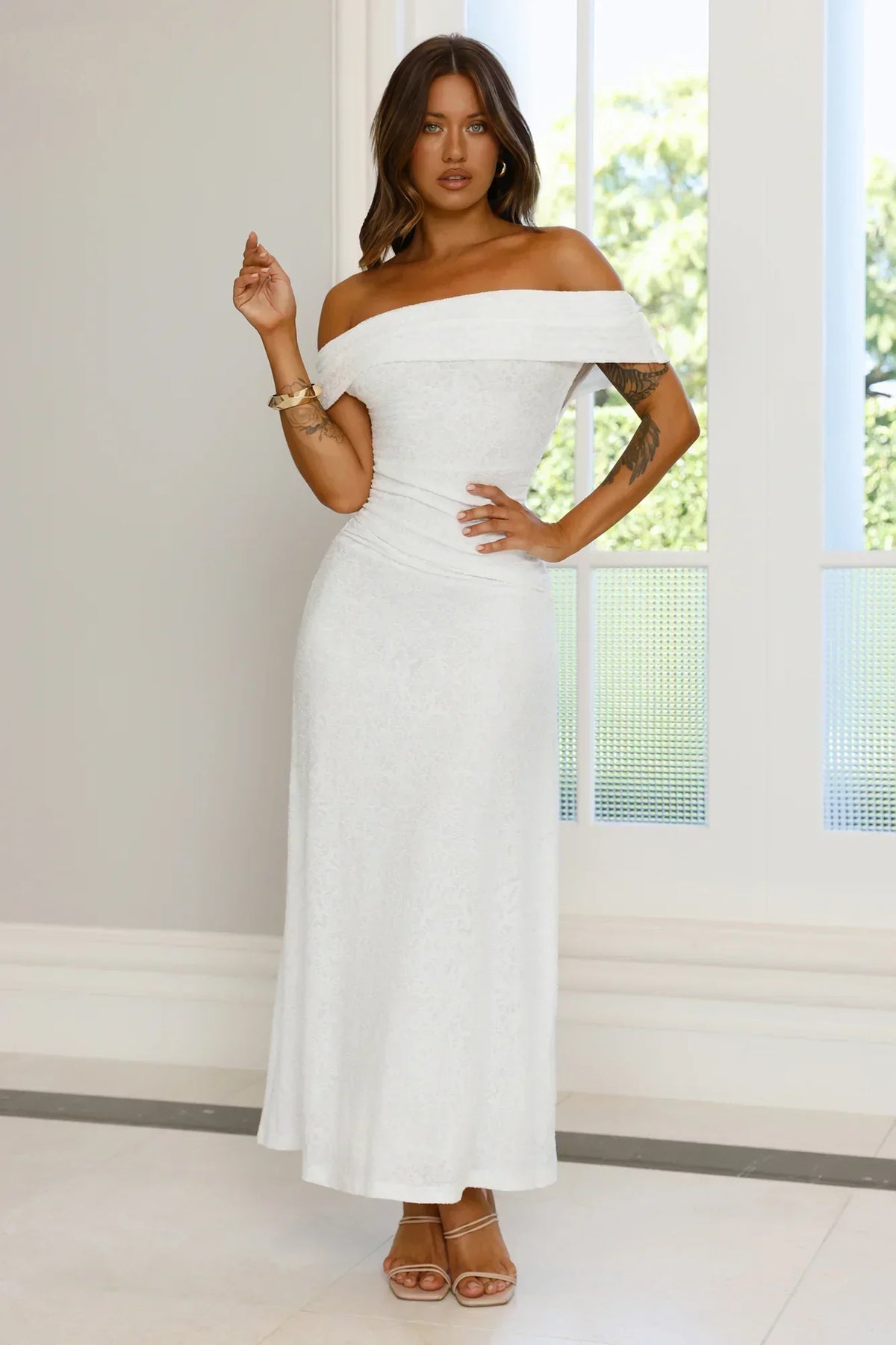 First Class Finish Off Shoulder Maxi Dress