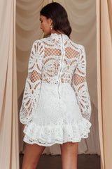 Right Moment Lace Overlay Frill Mini Dress White