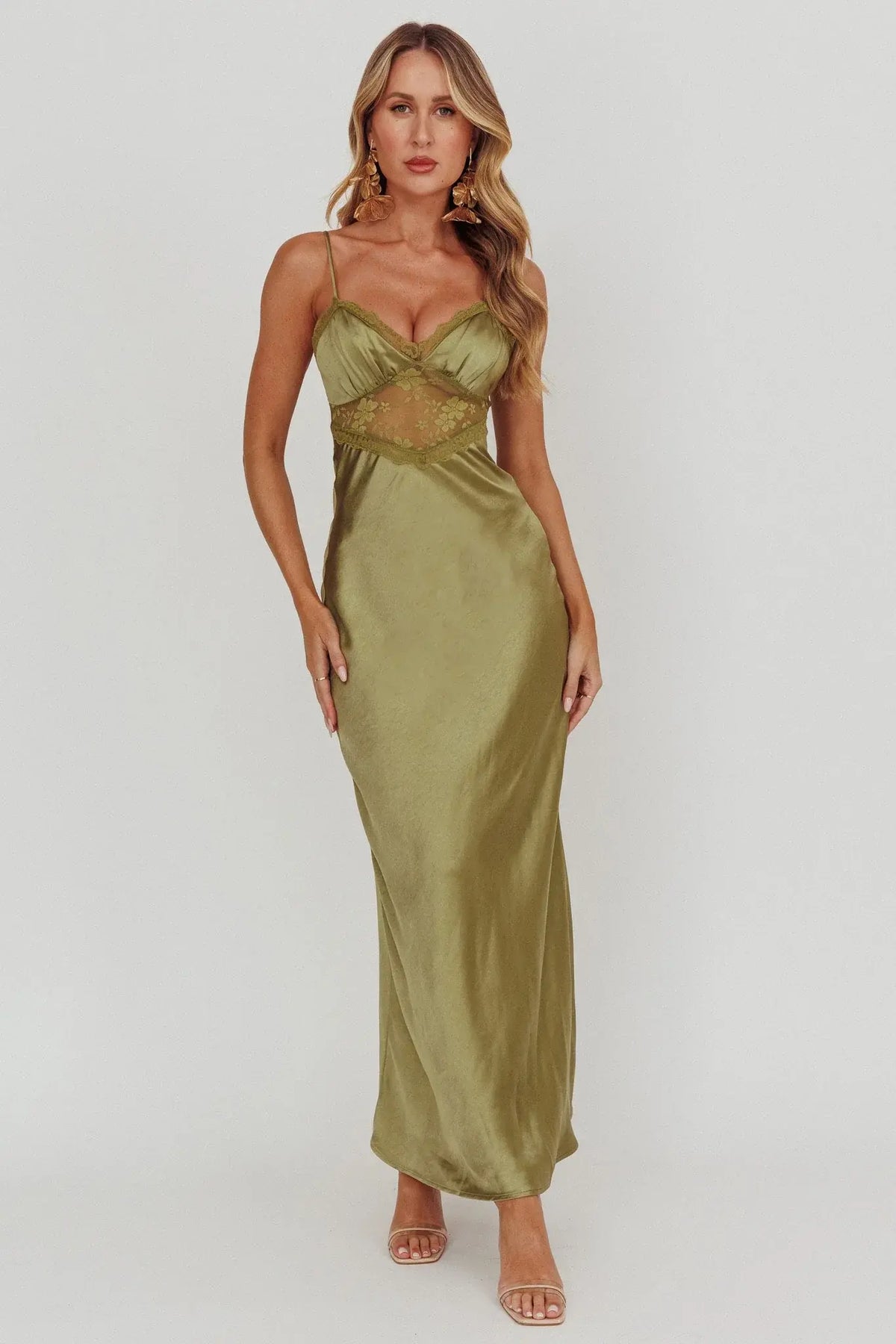 Her theory Lace Trim Maxi Dress Olive