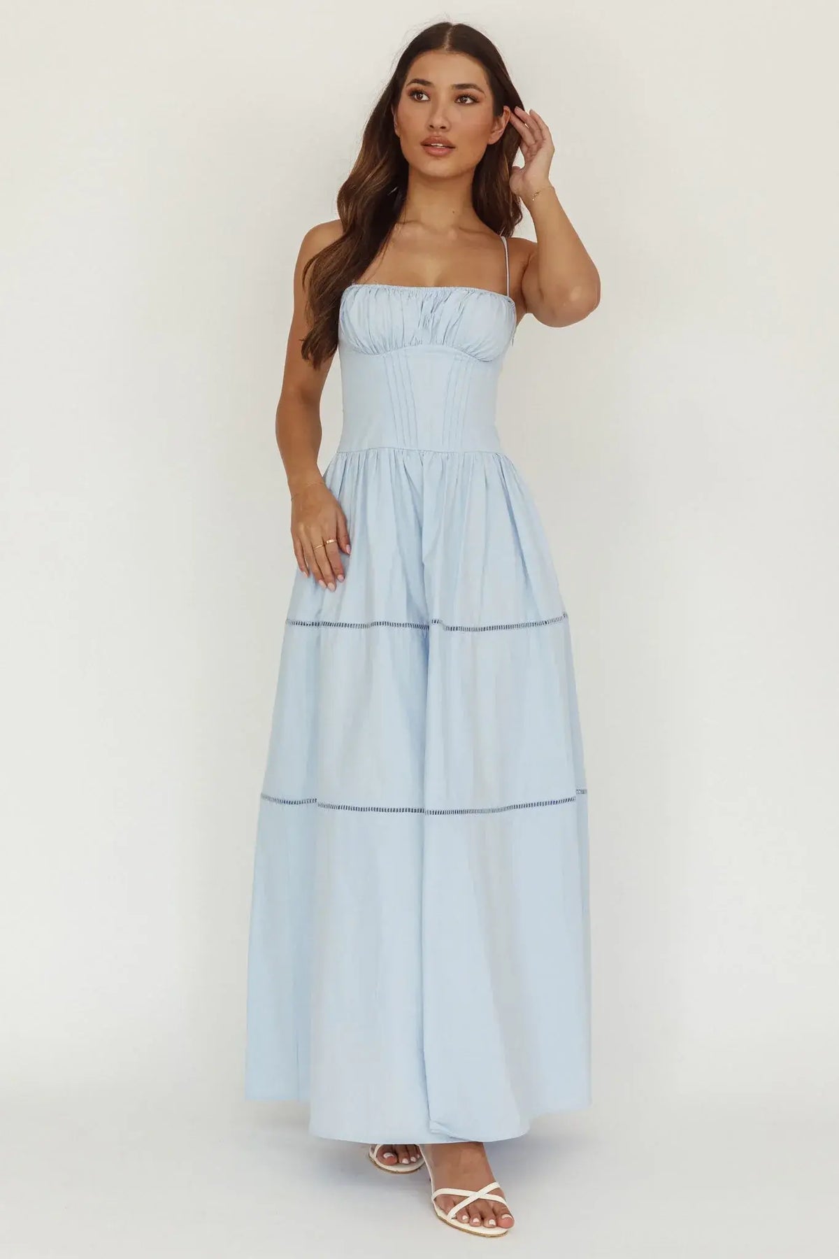 Heavenly Glow Gathered Bust A-Line Maxi Dress Blue