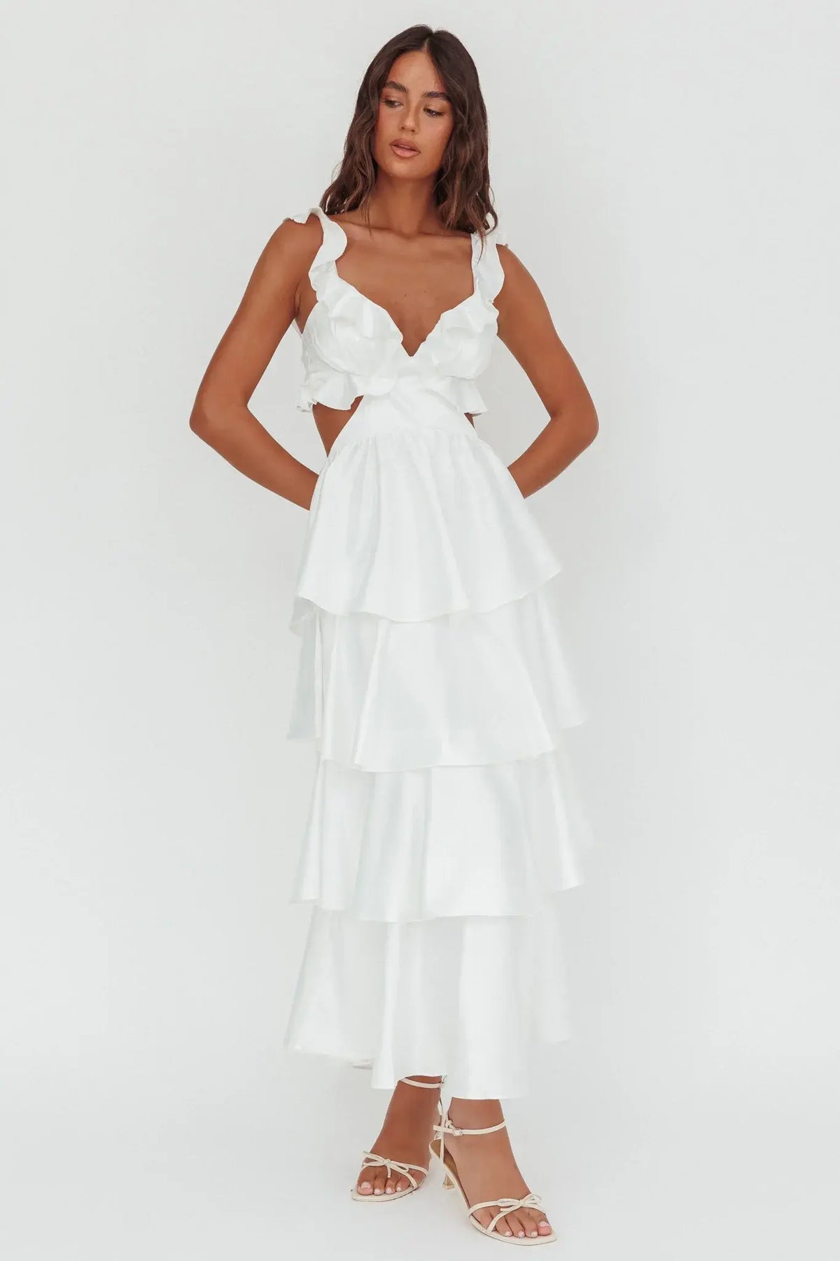 Catalina Tiered Ruffle Cut-Out Maxi Dress White