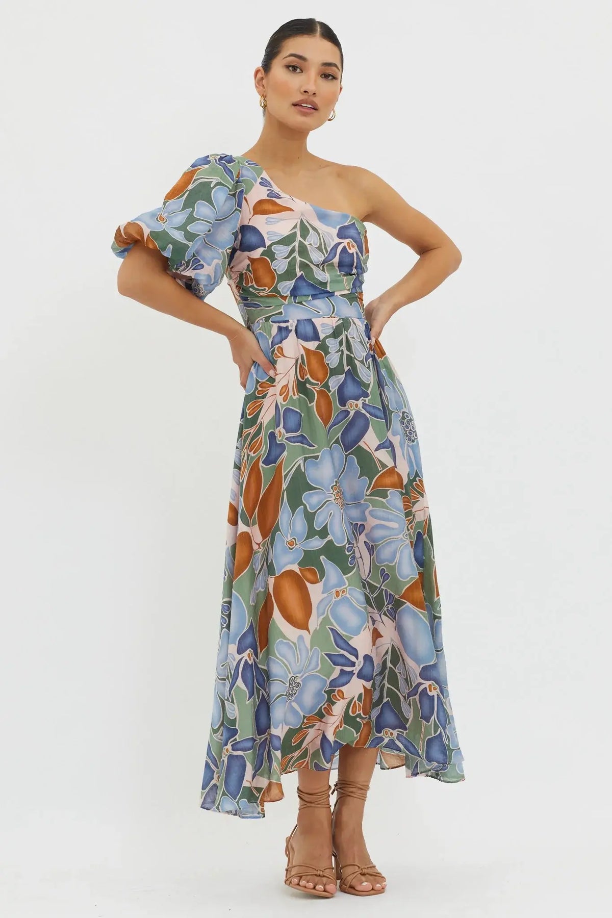 Jayni Puffed One Shoulder Midi Dress Blue