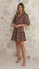 Michelle Mini Dress - Brown / White Polka Dot