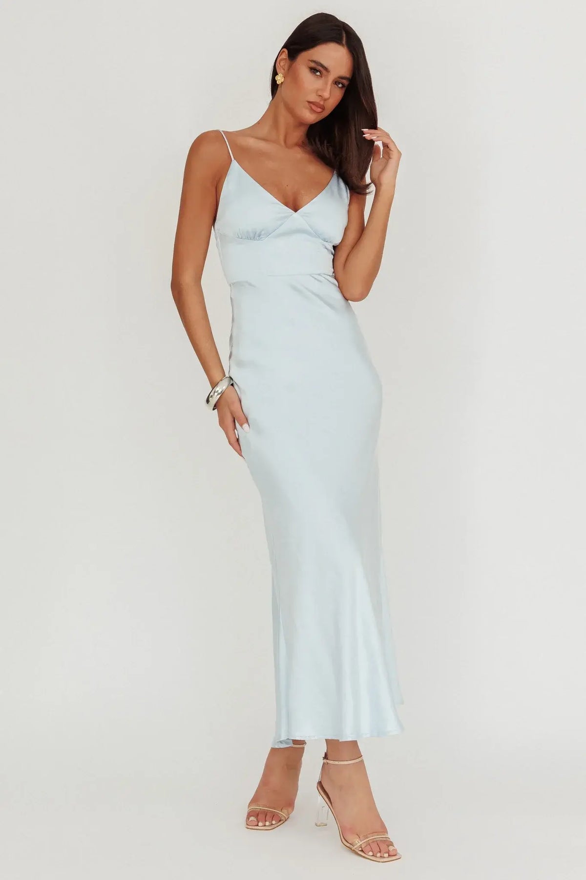 Hold Me Satin Backless Maxi Dress Ice Blue