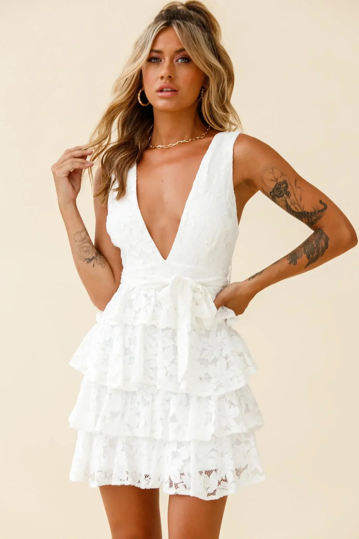 Queensland Tiered Frill Waist Tie Lace Dress White